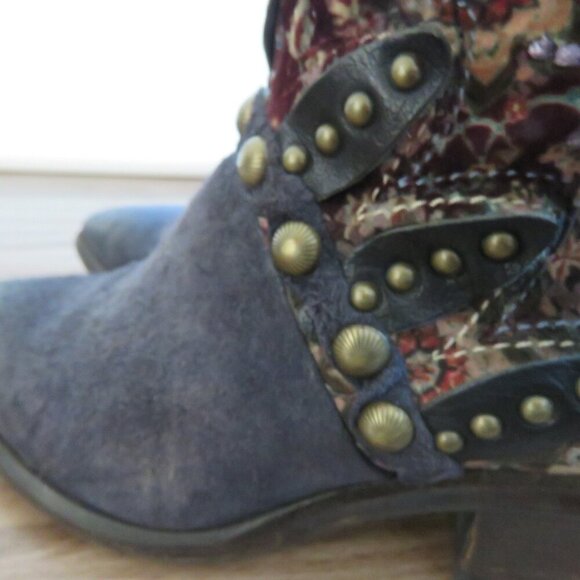A.S. 98 Blue Floral Velvet Studded Bohemian Leather Ankle Booties Boots - Picture 11 of 15